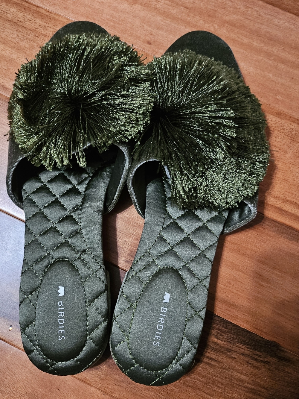 Birdies Olive Pom-Pom Quilted Slide Sandals